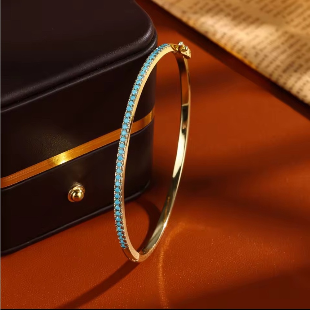 Natural Turquoise Round Cut Gemstone Bangle Bracelet 14K Gold Plated
